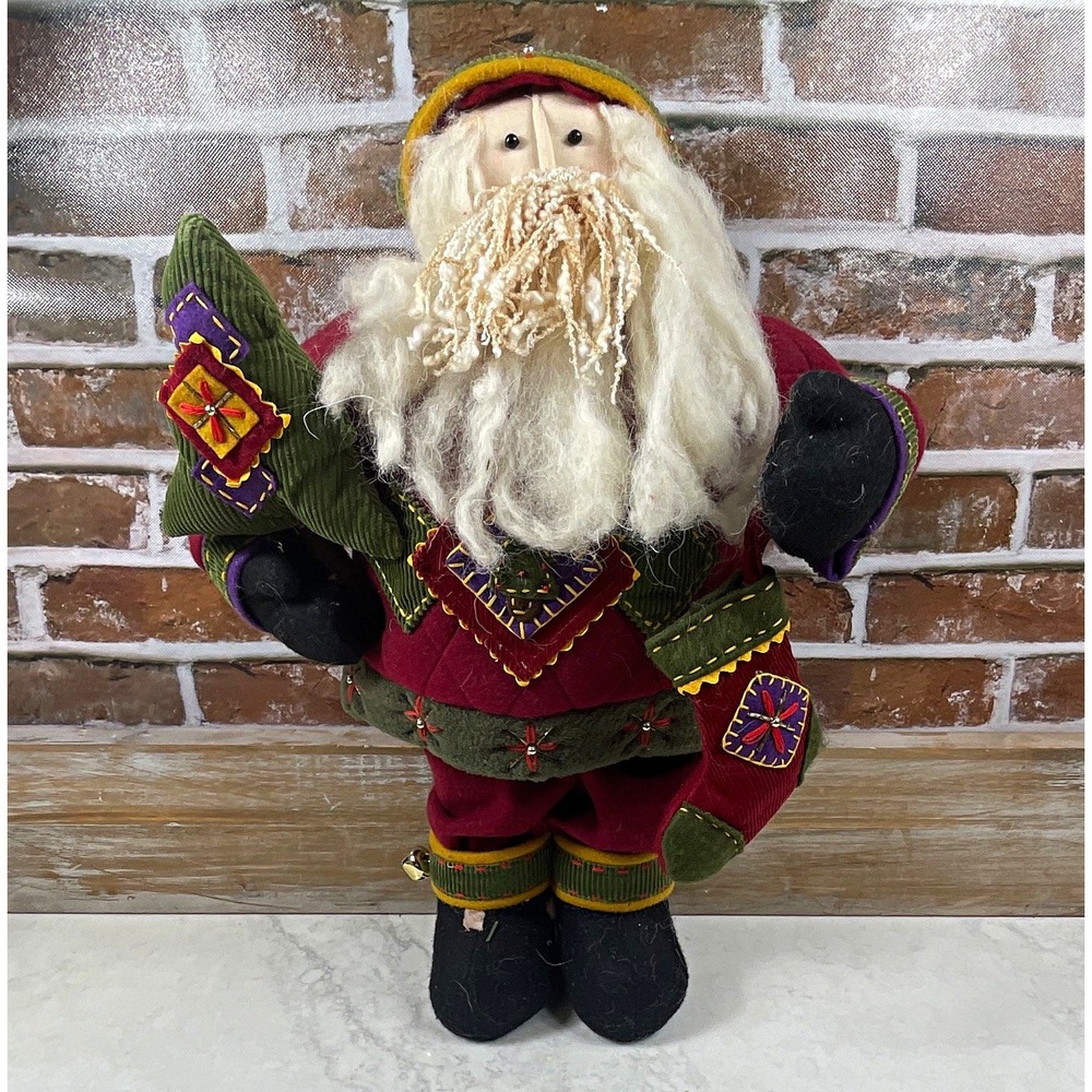 Santa Claus Christmas Figurine Fabric Freestanding Burgundy Green 19in Tall